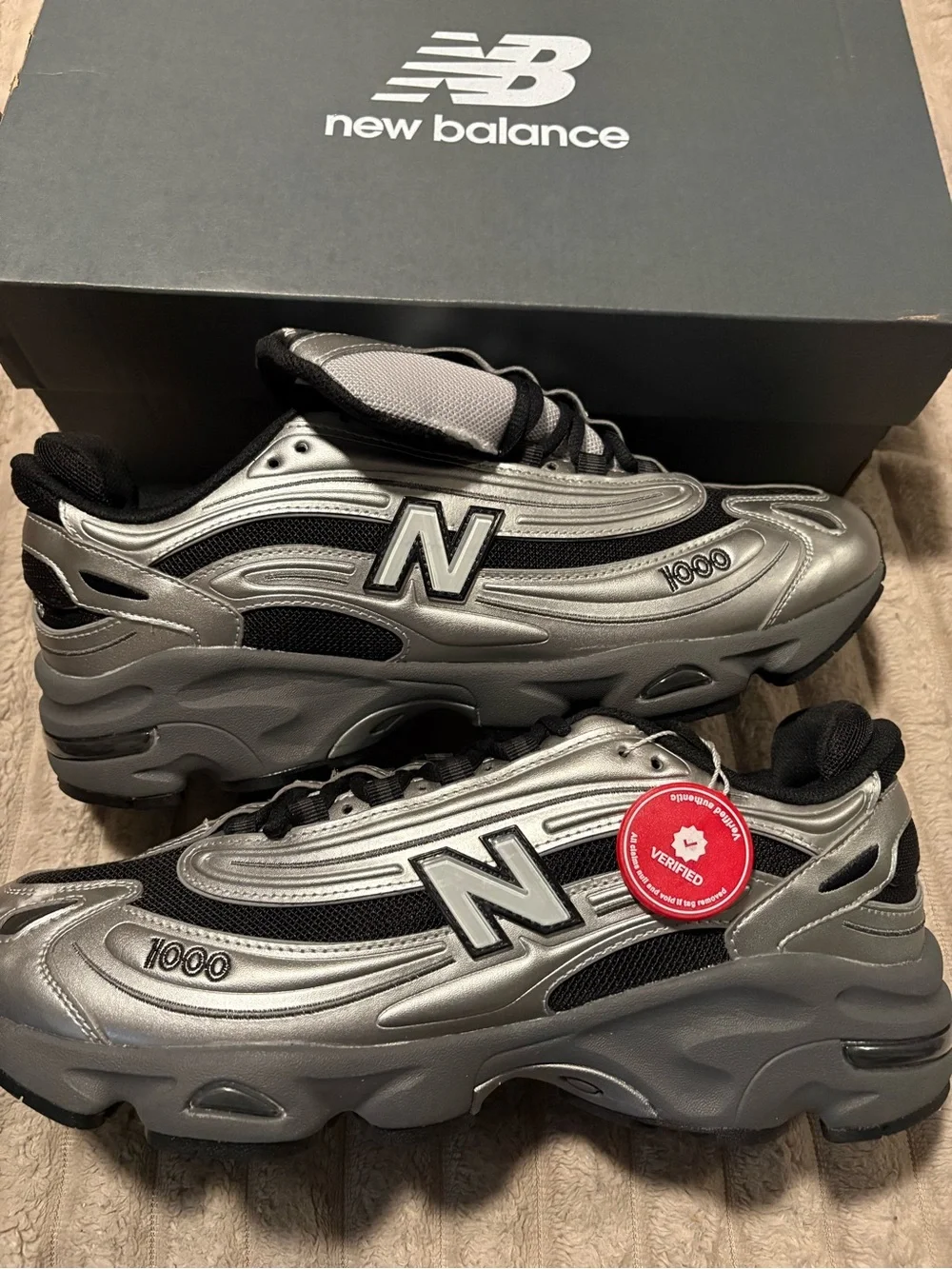New Balance Silver and Black Athletic Sneakers with Red Verified Tag size 12 NWT